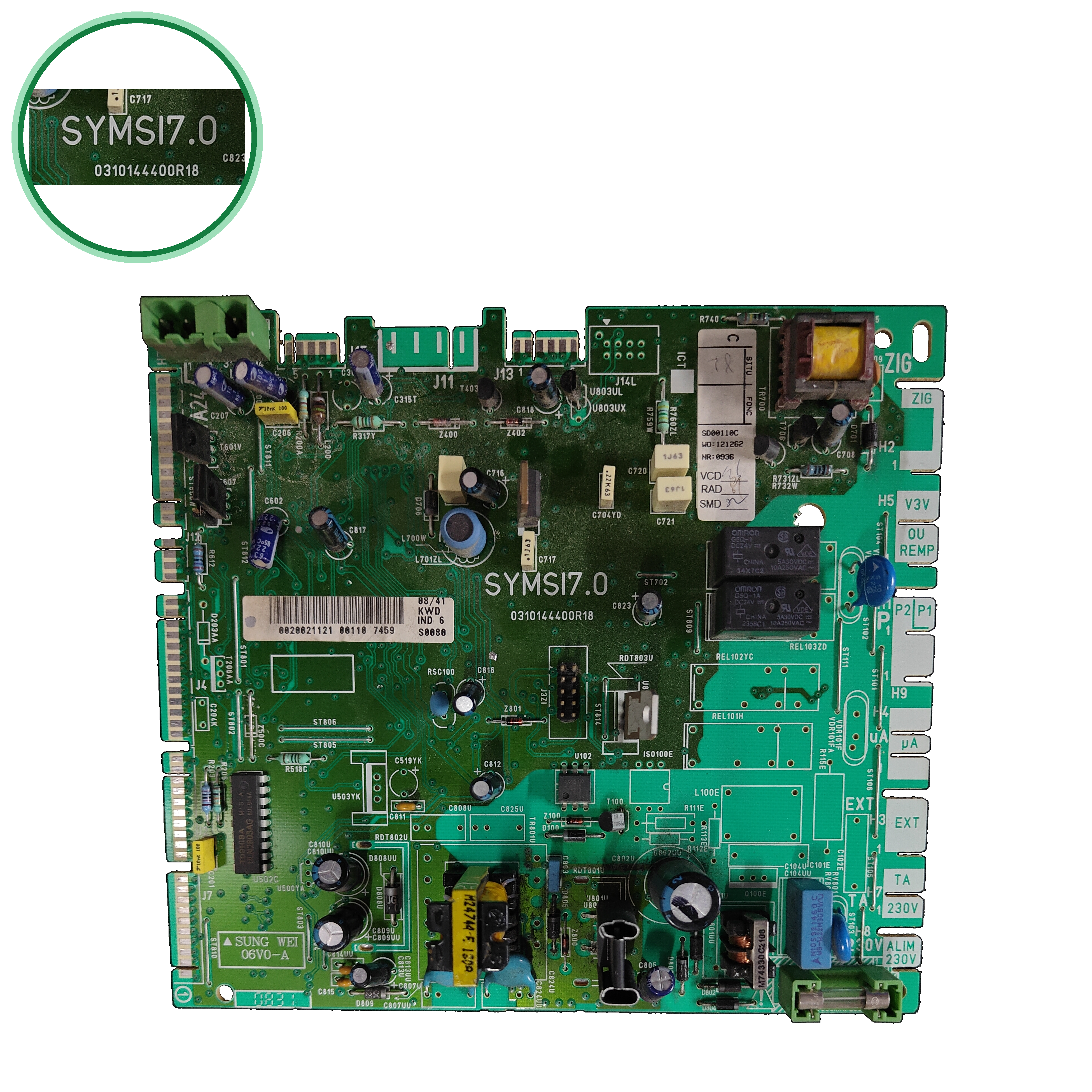 Placa Saunier Duval SYMSI7.0 · PCB 0310144400R18 para Themafast C25 E y Themaclassic F25E: vista