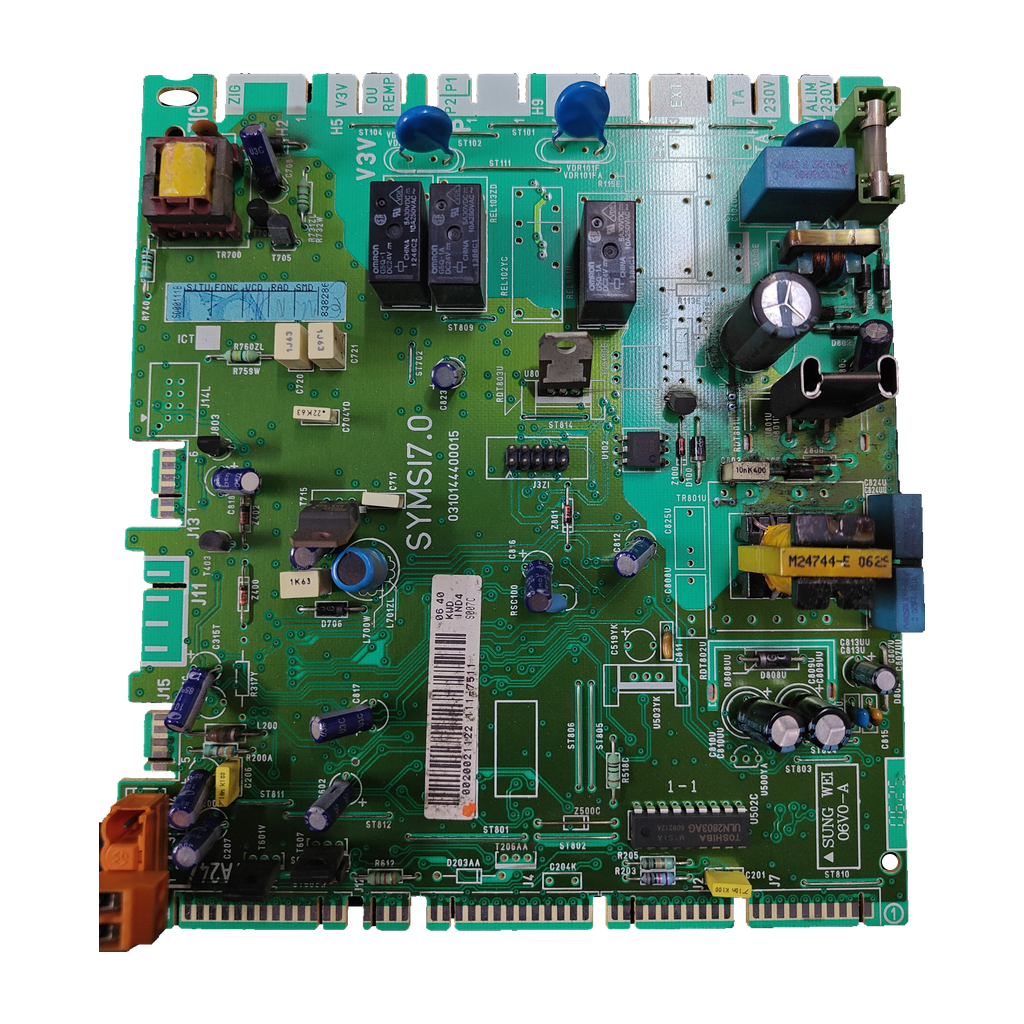 Placa electrónica Saunier Duval SYMSI7.0 · 0310144400015 para Themaclassic C25E y F25 E: Detalle de componentes de la placa