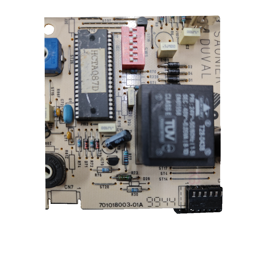 Placa electrónica Saunier Duval 701018003.01A para Thema C23E: Detalle de componentes de la placa