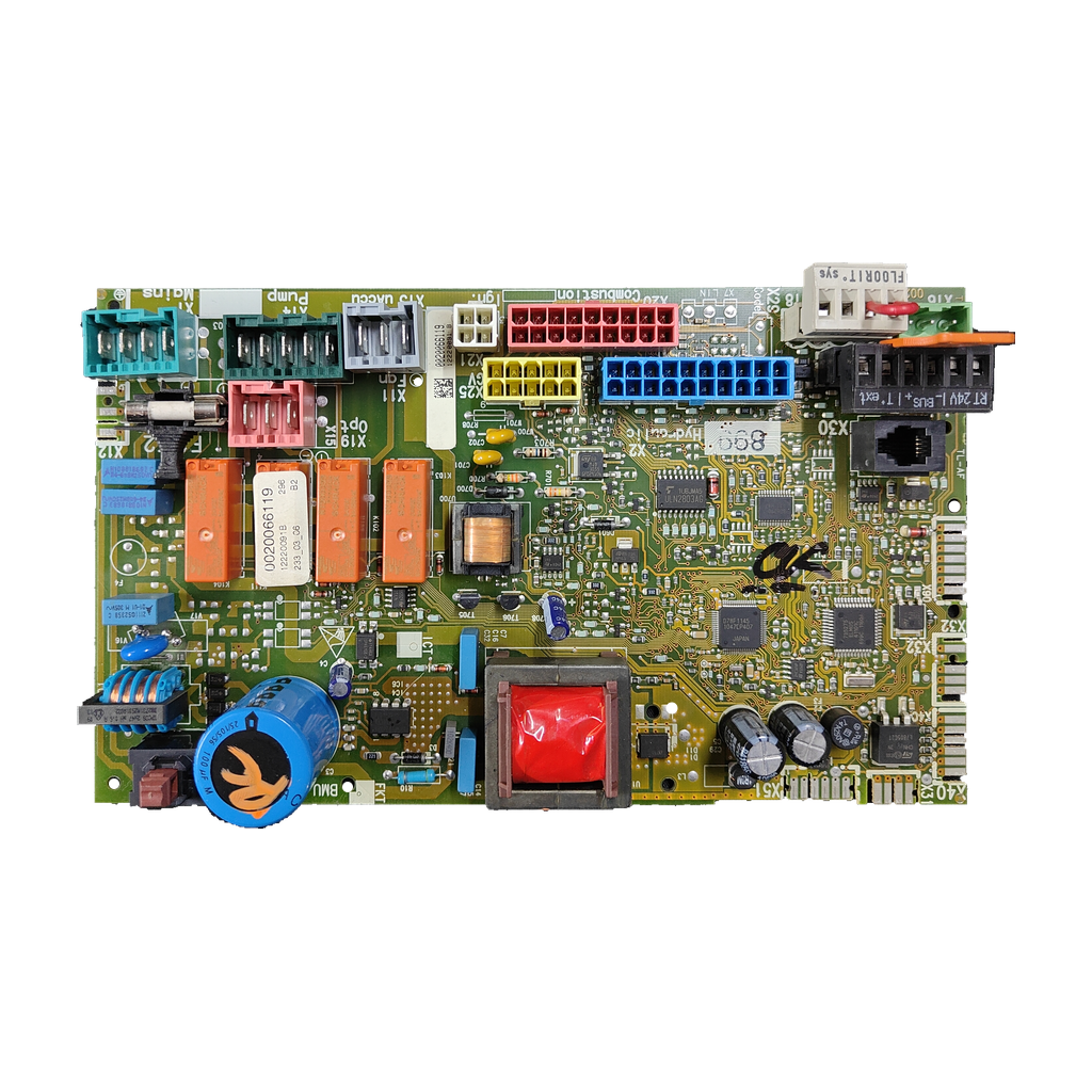 Placa electrónica Saunier Duval BMU 02 · 0020066119 para ThemaFast Condens F30 A-1: Detalle de componentes de la placa