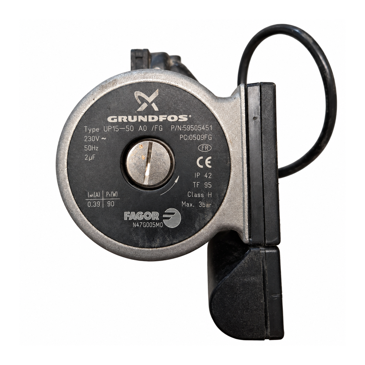 Bomba circuladora Grundfos UP15-50 A0 /FG · N47G005M0 · Fagor FE 24 EMA N: Vista frontal de la bomba