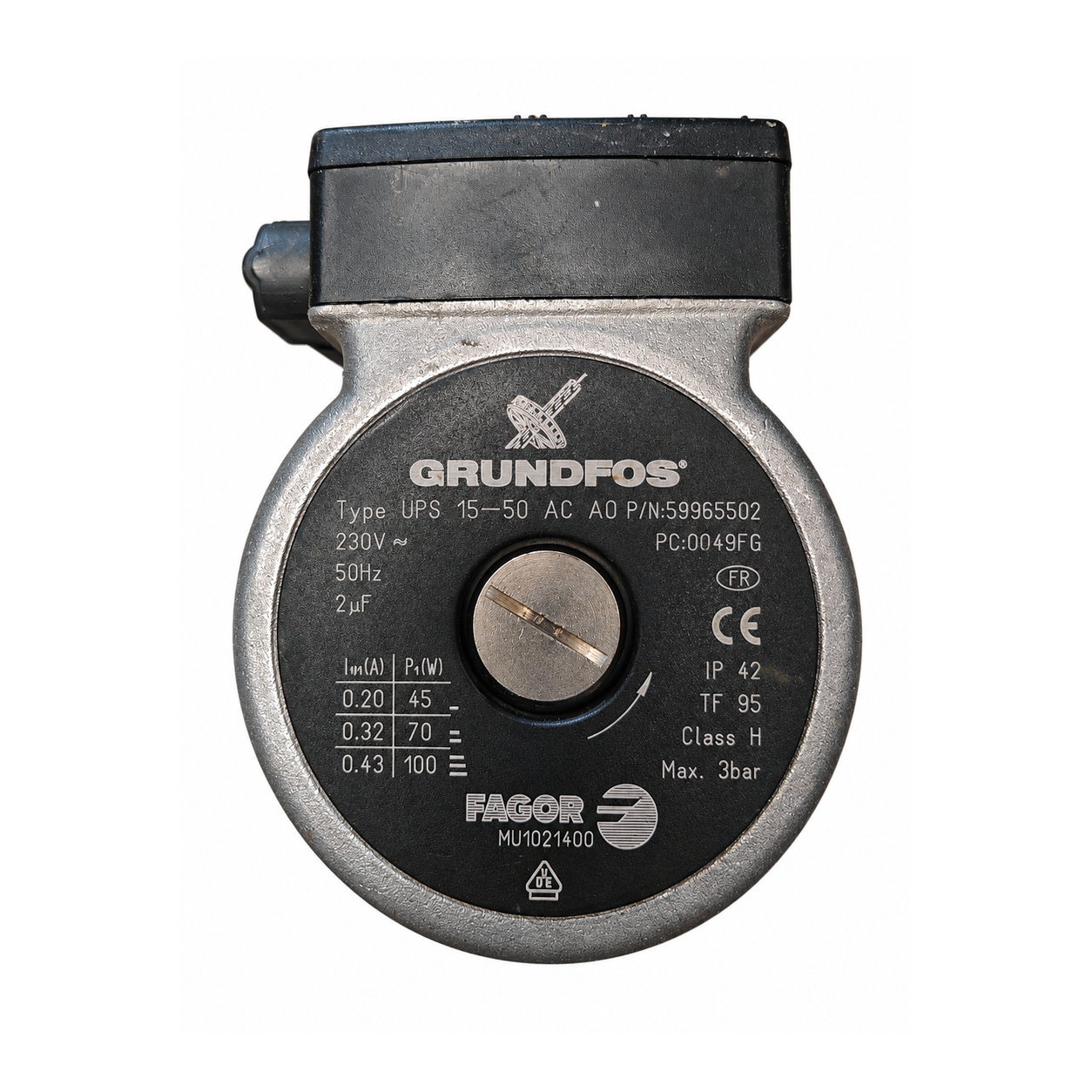 Bomba circuladora Grundfos UPS 15-50 AC AO · 59965502 · para Fagor FEE-20/2N y FE-20E/2B: Vista frontal de la pieza