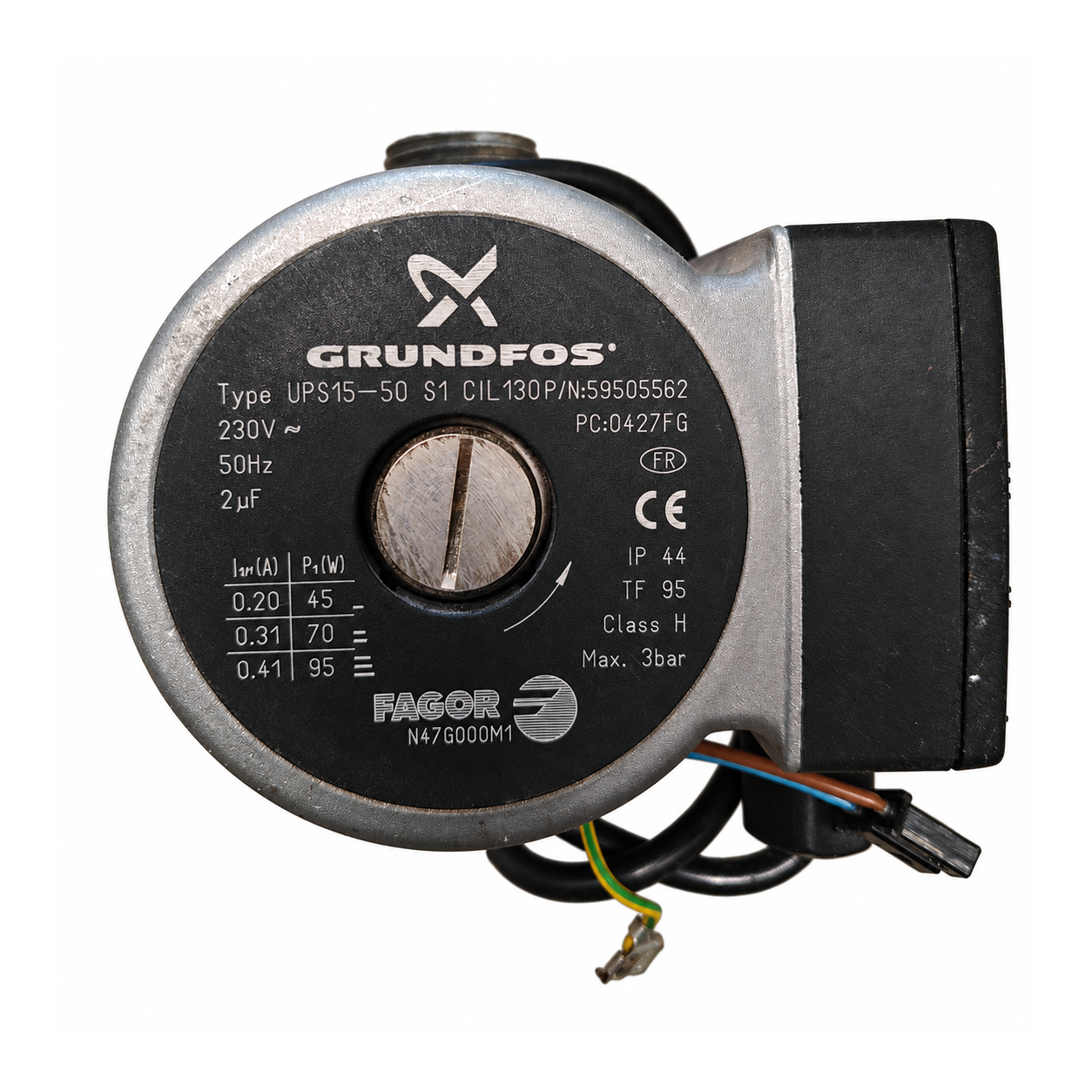 Bomba circuladora Fagor N47G000M1 · Grundfos UPS15-50 S1 CIL130 · 59505562: Vista frontal de la bomba