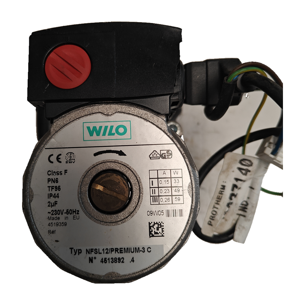 Bomba circuladora Wilo NFSL12/PREMIUM-3 C · 4519359 para Protherm 24 BTY: Vista frontal y placa física.